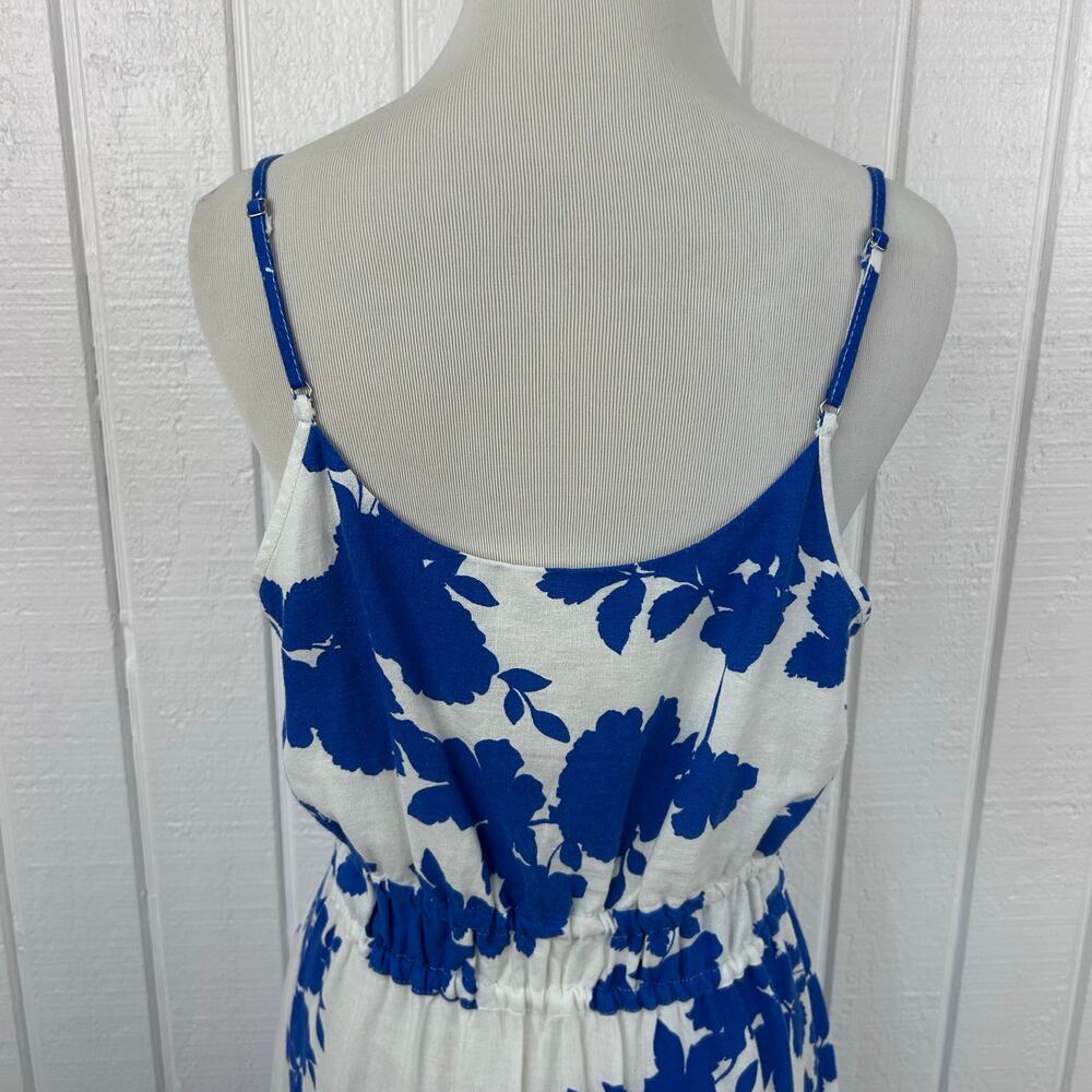 Cynthia Rowley Blue White Floral Linen Tiered Midi Dress Boho Cottagecore Size S - Picture 7 of 8
